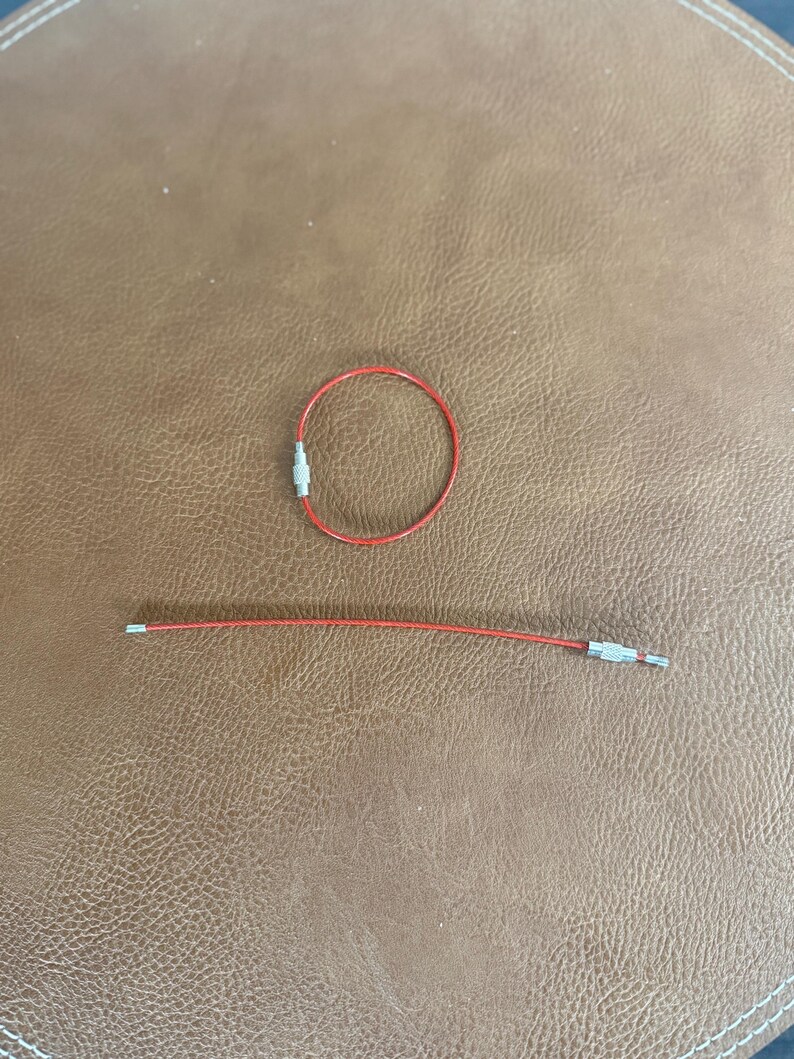 Peut inclure: Deux porte-cl&eacute;s rouges avec des fermoirs m&eacute;talliques sont pr&eacute;sent&eacute;s sur une surface marron imitation cuir. L'un est une boucle ferm&eacute;e, l'autre une ligne droite. Ces porte-cl&eacute;s sont probablement pour organiser des cl&eacute;s ou de petits objets.