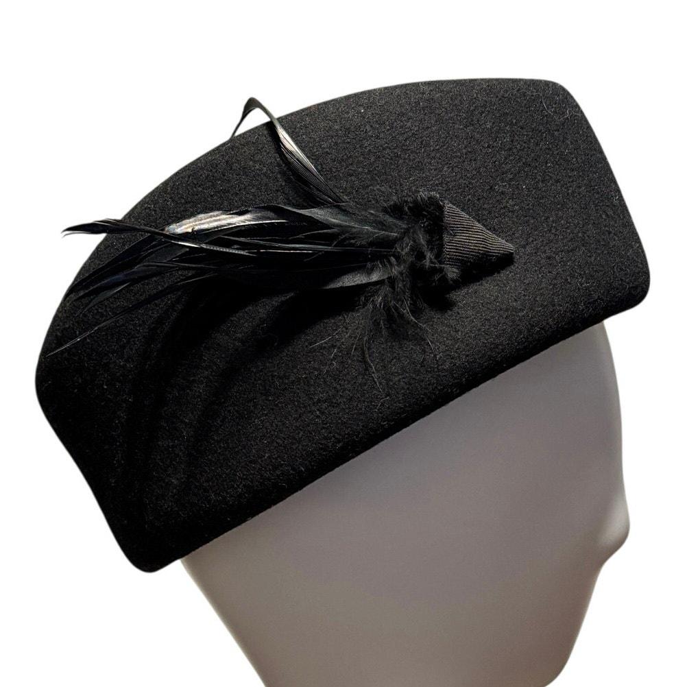 Vintage Morgan Taylor Black Wool Hat Feather Fascinator Made  display picture 1