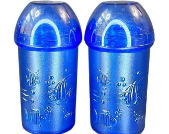 Blue Plastic Fish Salt Pepper Shakers Set Screw Top 3.75" H Vintage