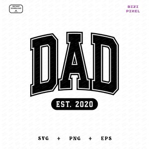 以下が含まれることがあります： 黒と白のグラフィックデザインで、「DAD」という単語が太字の大学スタイルのフォントで書かれています。「EST. 2020」というテキストは、「DAD」という単語の下にあります。