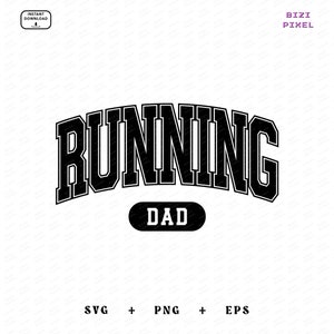 Könnte beinhalten: Schwarzweißes Grafikdesign mit dem Text "RUNNING DAD" in einer Schriftart im College-Stil.