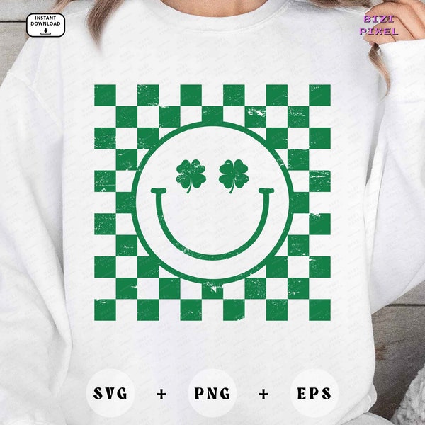 Clover Smiley Face Svg, Clover Smiley Face Png, Checkered Clover Smiley Face, Smile Clover Eyes, St Patrick's Day, Distressed, Retro, Green