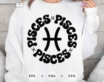 Pisces Svg, Pisces Png, Pisces Retro, Zodiac Retro, Horoscope Pisces, Zodiac Circle, Pisces Circle, Birthday, Sublimation Design