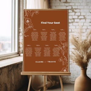 Terracotta Seating Chart Template, Burnt Orange Wedding Seating Chart Minimalist, Editable Boho Seating Plan Canva Template Instant Download