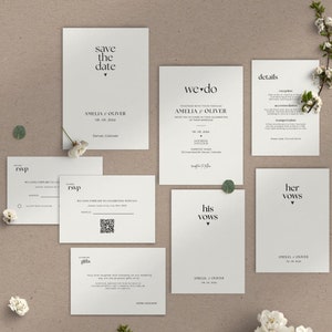 Conjunto de invitaciones de boda con monograma minimalista, conjunto de invitaciones clásicas con código QR, tarjetas de respuesta con código QR, plantilla de Canva con detalles editables