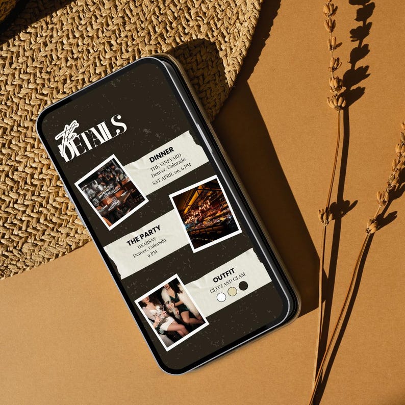 Pode incluir: Um smartphone exibe detalhes do evento em um fundo escuro. A tela mostra a palavra "DETAILS" em uma fonte estilizada, juntamente com informa&ccedil;&otilde;es do evento, incluindo "DINNER" e "THE PARTY" com locais e hor&aacute;rios. A se&ccedil;&atilde;o de roupa mostra tr&ecirc;s op&ccedil;&otilde;es de cores.
