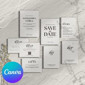 Paquete de plantillas para invitaciones de boda, invitación de boda minimalista, invitación de boda moderna, plantilla de paquete de boda imprimible Canva EA1