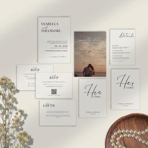 Plantilla de invitación de boda minimalista, conjunto de invitaciones de boda modernas, invitación de boda bohemia, invitación de boda con foto, plantilla editable EA1