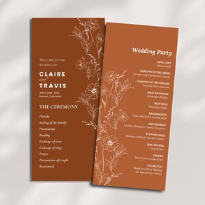 May include: A wedding ceremony program with a brown background and white floral illustrations. The program lists the order of the ceremony and the wedding party.