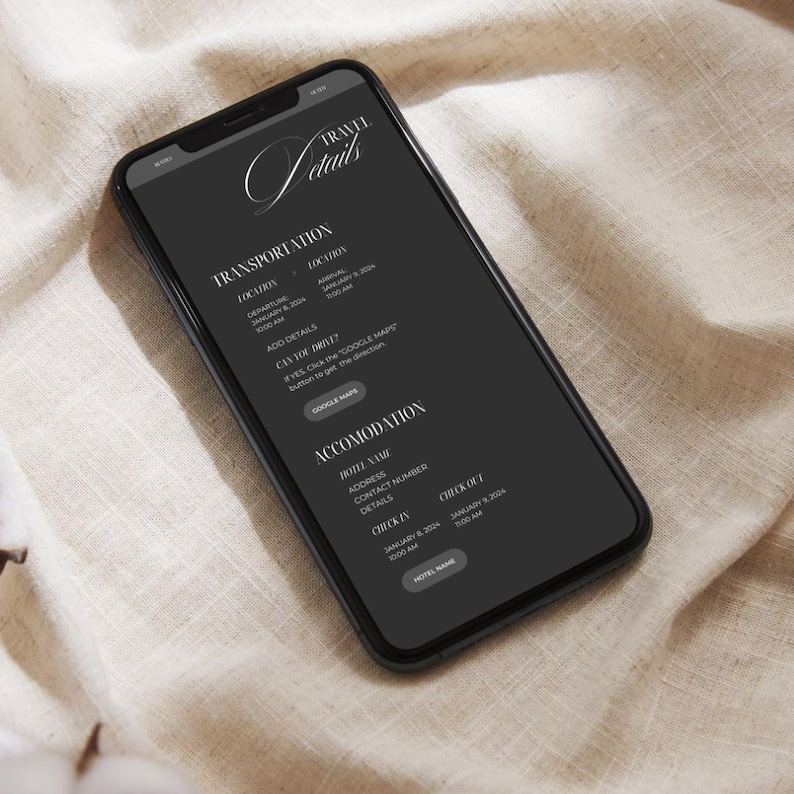 May include: A black and white mobile phone screen displaying travel details for a trip. The screen shows the headings "Transportation" and "Accommodation" with information about location, departure, arrival, check-in, and check-out times.