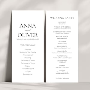 モダンな結婚式プログラム テンプレート、ミニマリストの結婚式プログラム、結婚式当日のタイムライン、結婚式のセレモニー プログラム、編集可能な結婚式 Canva テンプレート