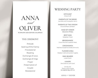 May include: Wedding ceremony program with the names Anna and Oliver, the date January 18, 2024, and the location Denver, Colorado. The program lists the order of events for the ceremony. The second page lists the wedding party with the names of the officiant, maid of honor, best man, bridesmaids, groomsmen, flower girls, ring bearer, and ushers.