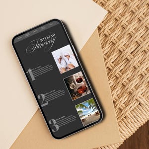 May include: A black smartphone screen displaying a weekend itinerary with three numbered steps. Each step includes a description and a photo. The first step shows a couple in bathrobes, the second step shows two glasses of wine, and the third step shows a beach scene.