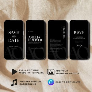 Black Digital Wedding Video Invite Template, Animated Minimalist Wedding Invitation, Editable Modern Invite Canva Template, Instant Download
