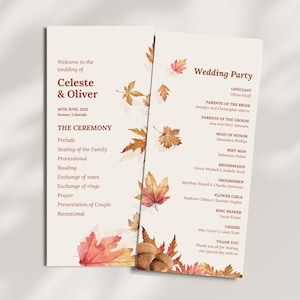 Autumn Program Template, Fall Wedding Program, Wedding Day Timeline, Autumn Wedding Program, Editable Boho Fall Theme Wedding Canva Template