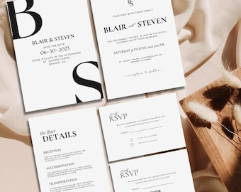 Minimalist Monogram Wedding Invitation Template: Modern RSVP (Digital Download)