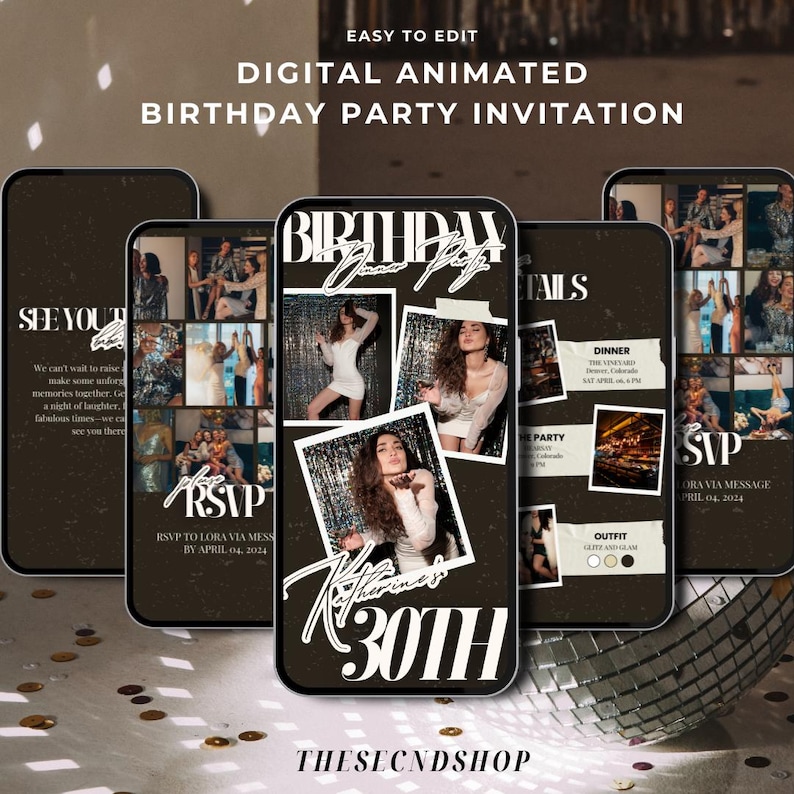 Pode incluir: Convite digital animado para festa de anivers&aacute;rio exibido em v&aacute;rios smartphones. O design apresenta fotos, texto e as palavras "Birthday", "RSVP" e "30th". O convite inclui detalhes para jantar, festa e roupa.