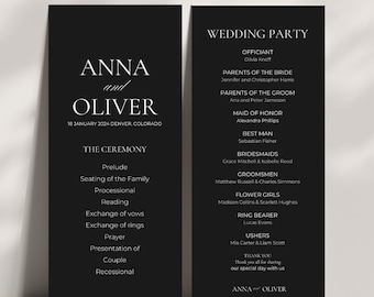 モダンな黒の結婚式プログラム Canva テンプレート、ミニマリストの結婚式プログラム、結婚式のタイムラインの結婚式プログラム、編集可能な結婚式プログラム