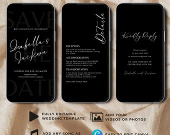 Custom Black Wedding Video Invitation Save the Date Phone Animated Wedding Mobile Invite Digital Editable Canva Template Instant Download