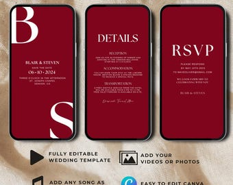 Minimalist Red Wedding Video Invitation: Modern Animated Template (Canva Editable Digital Download)
