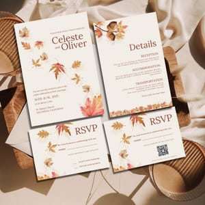 May include: Wedding invitation suite featuring a cream background with autumn leaf accents. The invitation includes details for the ceremony, reception, and RSVP information. The names Celeste and Oliver are featured.