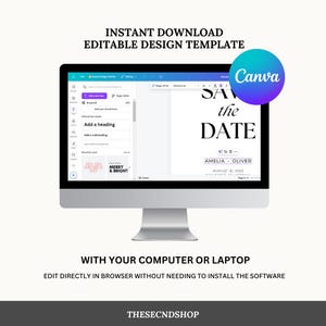 May include: A computer screen displaying a Canva design template for a save the date card. The template features a white background with black text that reads "Save the Date" and includes the names Amelia and Oliver, the date August 6, 2022, and the text "C&O".