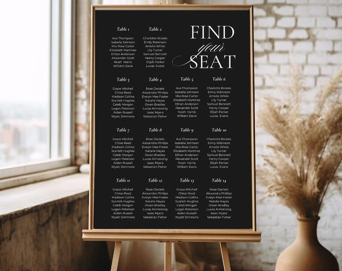 Modern Black Seating Chart Canva Template, Minimalist Black Wedding ...
