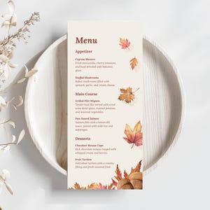 Modèle de toile de Menu de mariage automne, modèle de menu thème automne, menu de mariage automne imprimable, menu modifiable pour le dîner de mariage bohème minimaliste