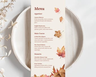 Herfst bruiloft menu canvassjabloon, herfst thema menusjabloon, afdrukbare herfst bruiloft menu, bewerkbare minimalistische boho bruiloft dinermenu