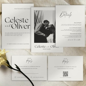 Minimalistisches Hochzeitseinladungs-Fotoset, klassische Einladungsreihe mit Qr-Code, Qr-Code-Rsvp-Karten, bearbeitbare Details Canva-Vorlage EA1