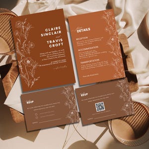 Terrakotta Hochzeitseinladung Canva Vorlage, minimalistische Hochzeitseinladung Set, bearbeitbare Herbsthochzeitseinladung, Antwortkarten QR-Code