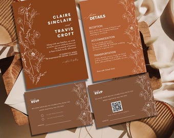 Terracotta Wedding Invitation Canva Template, Minimalist Burnt Orange Wedding Invitation Set, Editable Fall Wedding Invitation, RSVP QR Code