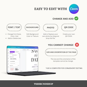 May include: A white and blue graphic with the text "EASY TO EDIT WITH Canva" and instructions on how to edit a template using Canva. The graphic shows a laptop screen with a Canva template open, and the text "YOU CANNOT CHANGE" with a red X next to it. The graphic also includes a list of things that can be changed and added to the template, such as font, text, background, photo, and QR code.