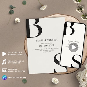 Sjabloon bruiloft video: Save the Date, minimalistische bruiloft uitnodigingskaart canvas sjabloon, bewerkbare geanimeerde bruiloft uitnodiging, Instant Download