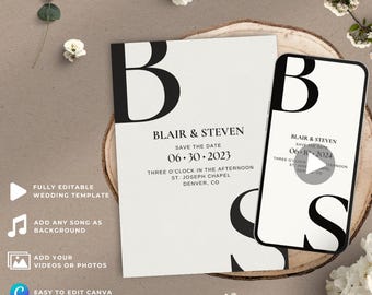 Könnte beinhalten: Eine schwarz-weiße Save-the-Date-Karte für eine Hochzeit mit dem Text "Blair & Steven" und dem Datum "06.30.2023". Die Karte liegt auf einer Holzoberfläche, daneben ein Smartphone, das eine ähnliche Save-the-Date-Karte mit dem Datum "06.10.2024" zeigt.