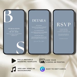 Op de afbeelding: Drie smartphoneschermen met een sjabloon voor een huwelijksuitnodiging. Het eerste scherm toont "Blair & Steven" en "Save the Date 06-10-2024". Het tweede scherm toont "Details" met informatie over receptie, accommodatie en vervoer. Het derde scherm toont "RSVP".