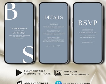 Digital Wedding Invitation Video Dusty Blue Wedding Invite Animated Wedding Template Modern Editable Canva Minimalist Wedding Invitation Set