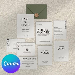 Paquete de plantillas de invitación de boda moderna, invitación de boda minimalista, guardar la fecha, plantilla de conjunto de invitación de boda imprimible EA1