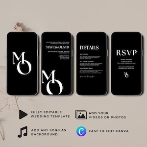 Invito video matrimonio nero Salva la data Telefono, modello animato invito matrimonio Invito digitale Modello Canva modificabile Download immediato