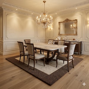 Tappeto in lana trapuntato a mano, stile Japandi, vello tagliato beige, bordo a ricciolo marrone.
