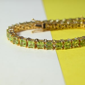 Peridot 925 sterlingzilveren tennisarmband, Peridot vierkant geslepen ketting schakelarmband sieraden, 14K vergulde armband cadeau voor moederliefde