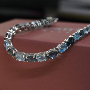 Blue Topaz Tennis Bracelet, Beautiful Natural Blue Topaz Oval Cut Chain Link Bracelet Jewelry, 925 Sterling Silver Bracelet Gift for Mother
