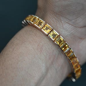 Pulsera de tenis de corte cuadrado de citrino, pulsera de eslabones de cadena hecha a mano de citrino, pulsera de plata de ley 925, regalo para el amor de madre y esposa.