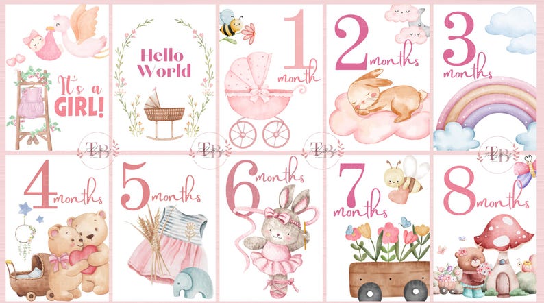 Baby Girl Milestone Cards | Pink Watercolor, Holiday (digital Download ...