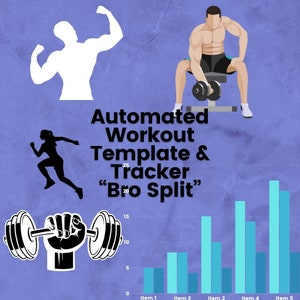 May include: A bar graph with a blue background shows the progress of a workout routine called "Bro Split". The graph has five bars, each representing a different workout day. The bars are labeled "Item 1" through "Item 5". The graph shows that the workout intensity increases with each day.