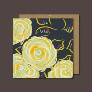 Moderne kaart met gele rozen / Vrolijke blanco kaart / Stijlvolle bloemen / Positieve wenskaart / Blanco kaarten / Illustratie vetgedrukte roos / Gen Z-kaart