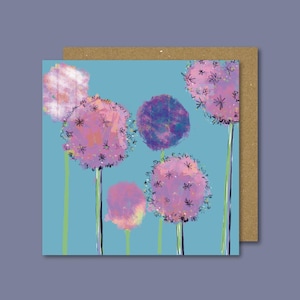 Elegante biglietto di auguri Allium / Biglietto vuoto allegro / Fiori da giardino moderni / Biglietto di auguri positivo / Biglietti vuoti / Illustrazione ingenua e audace / Biglietto di auguri
