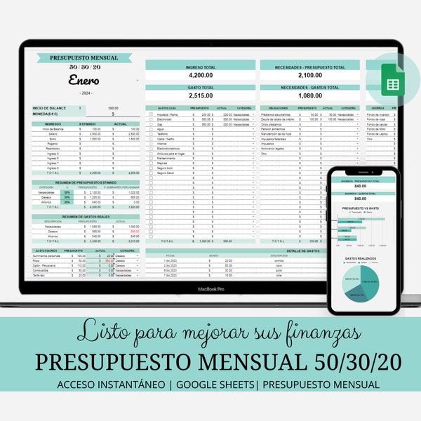 Plantilla de presupuesto financiero anual 50/30/20: Gestionar Gastos, Ahorros e Inversiones con la Hoja de Cálculo de Google - Español