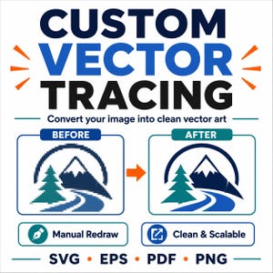 Può includere: Un annuncio grafico per servizi di vettorializzazione. Il testo recita CUSTOM VECTOR TRACING, Convert your image into clean vector art, BEFORE, AFTER, Manual Redraw, Clean & Scalable, e SVG, EPS, PDF, PNG. Mostra un logo di montagna pixelato.
