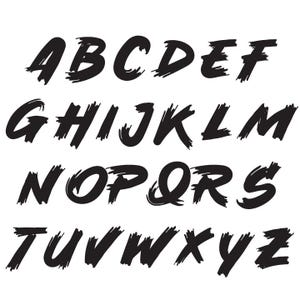May include: A complete set of uppercase English alphabet letters from A to Z, rendered in a bold, black, hand-painted brushstroke style. Each character features textured, uneven edges and a slanted orientation, arranged in four distinct rows.